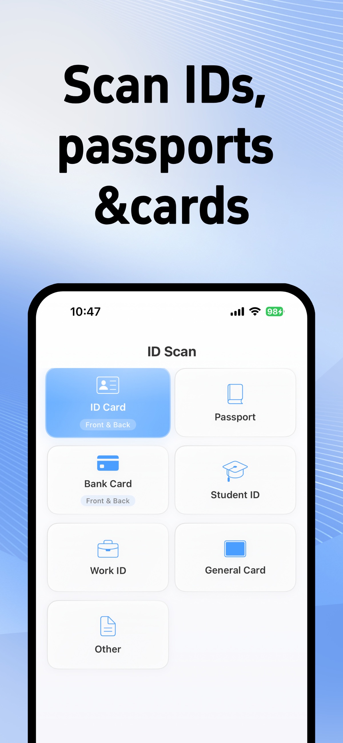 Actual IDPouch scanning options from the English App Store screenshots