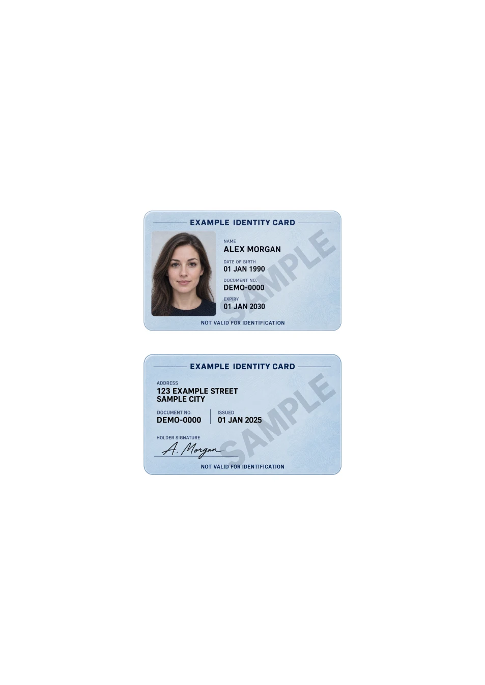 Front and back of a fictional ID at card size on an A4 PDF page