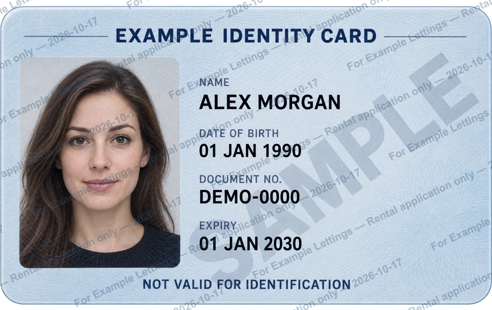 A fictional identity card with a rental application watermark